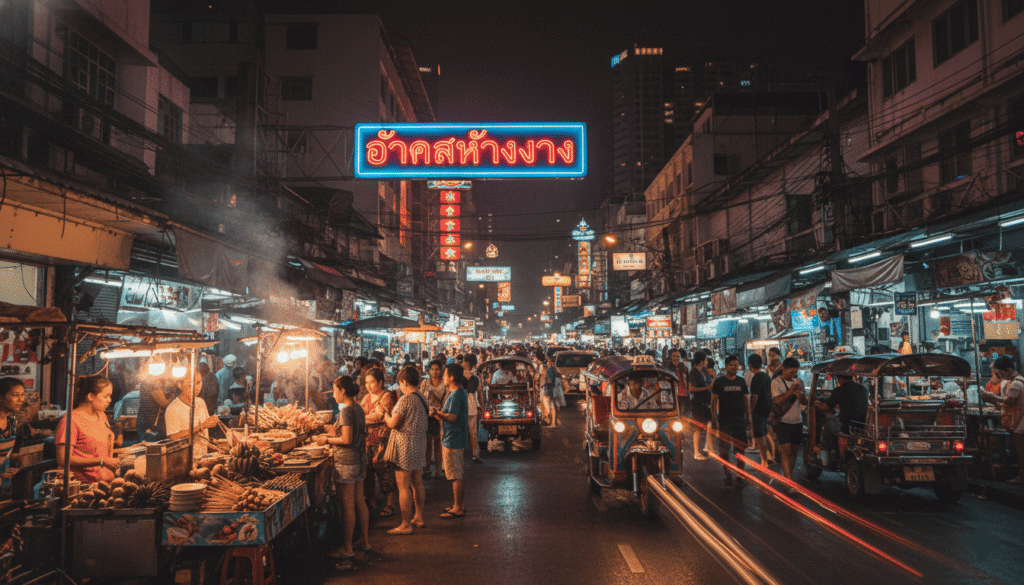 Rue animée de Bangkok la nuit, street food, foule, tuk-tuks, enseignes lumineuses en thaï