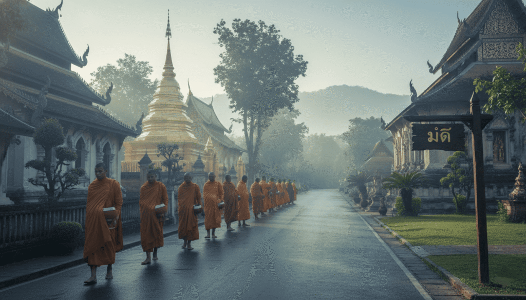 Rue calme de Chiang Mai avec temples anciens, moines marchant au petit matin