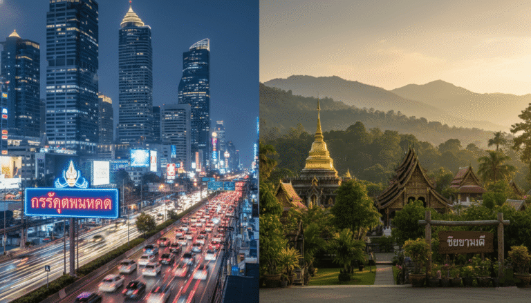 moitié image Bangkok avec skyline moderne, trafic dense, moitié Chiang Mai avec temples, montagnes et nature