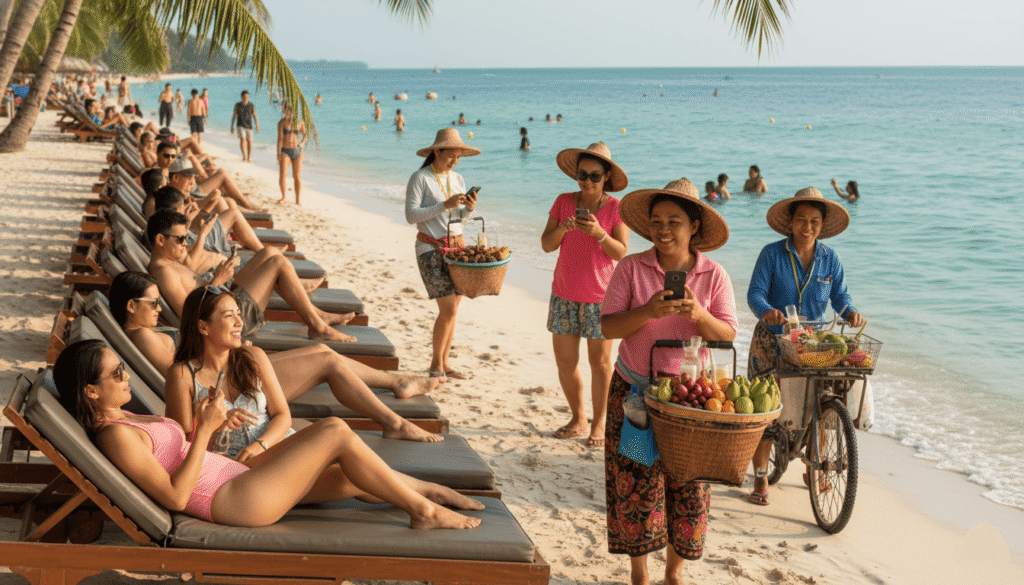 Plage thaïlandaise avec touristes et locaux utilisant leurs smartphones