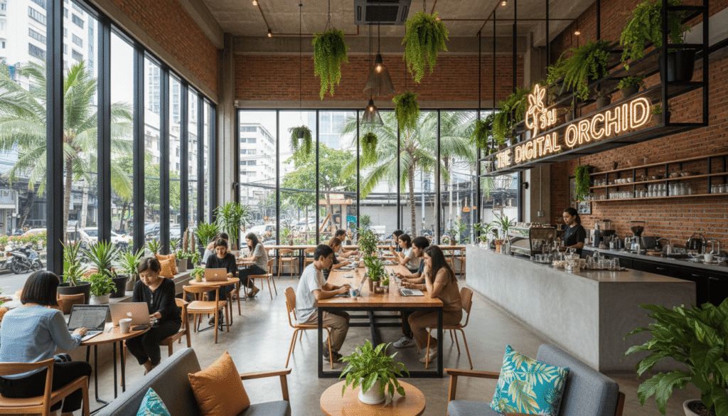 Café thaïlandais moderne avec espace coworking à Bangkok, nombreuses personnes sur ordinateurs portables, décoration tropicale