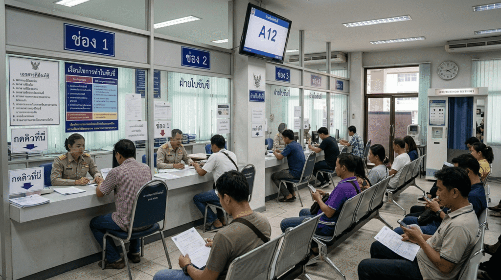 Bureau administratif thaïlandais pour permis de conduire, salle d’attente avec guichets