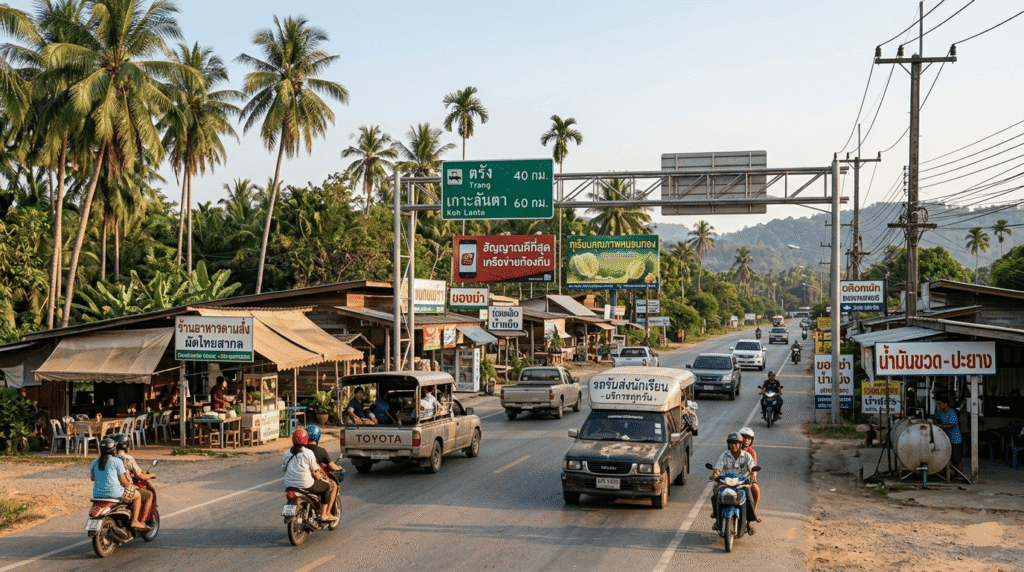 Route thaïlandaise en zone rurale avec palmiers, scooters et pick-ups circulant, petits commerces en bord de route,