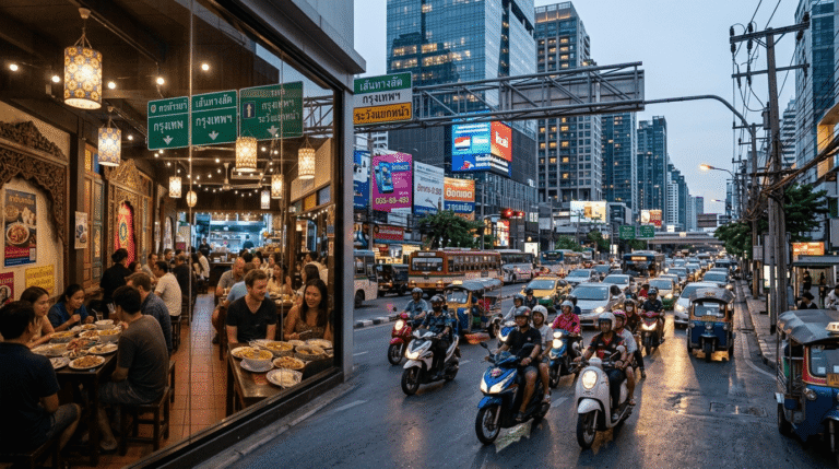 Grande avenue de Bangkok avec circulation dense, voitures et scooters thaïlandais, panneaux de signalisation en thaï,