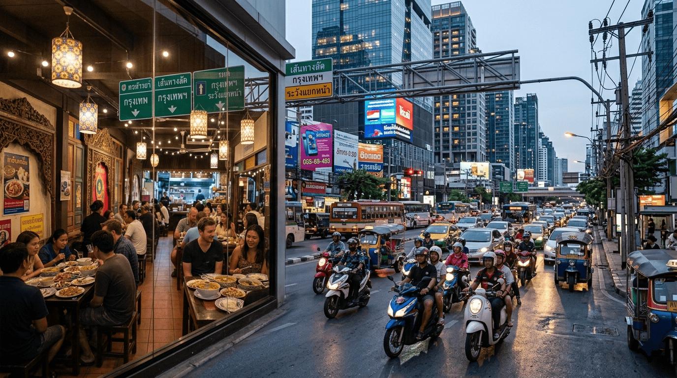 Grande avenue de Bangkok avec circulation dense, voitures et scooters thaïlandais, panneaux de signalisation en thaï,