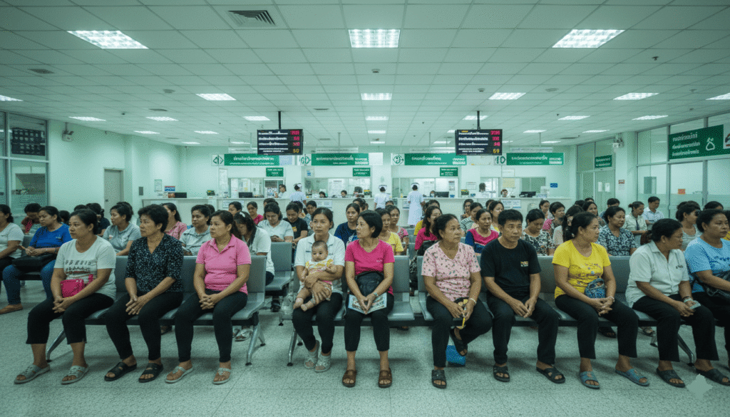 Salle d’attente d’un hôpital public thaïlandais avec de nombreux patients thaïlandais assis