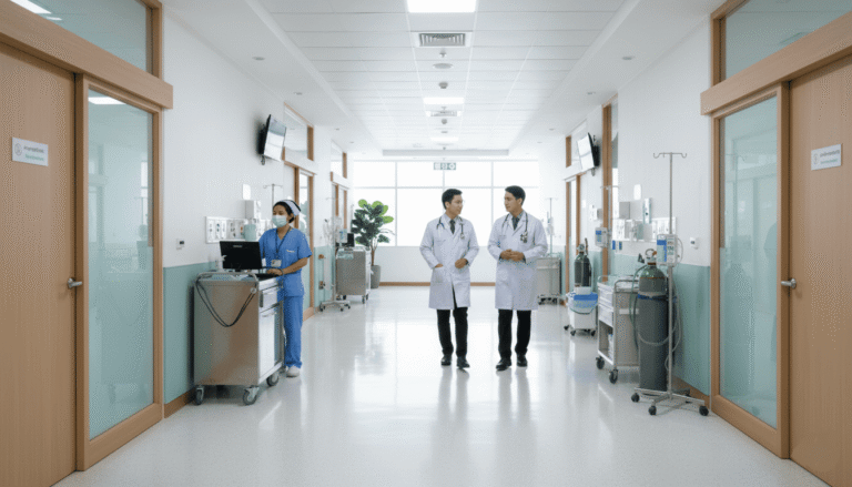Intérieur d’un service hospitalier moderne en Thaïlande, couloir propre avec équipements médicaux,
