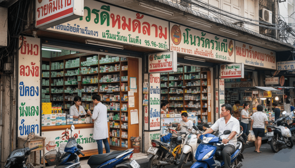 Pharmacie thaïlandaise de rue avec étagères remplies de médicaments, enseignes en thaï colorées,