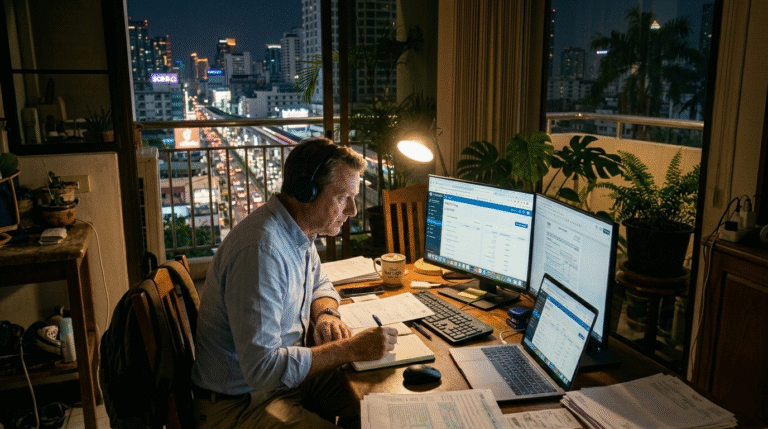 Travail nocturne dans un appartement thaïlandais, expatrié concentré devant un écran lumineux