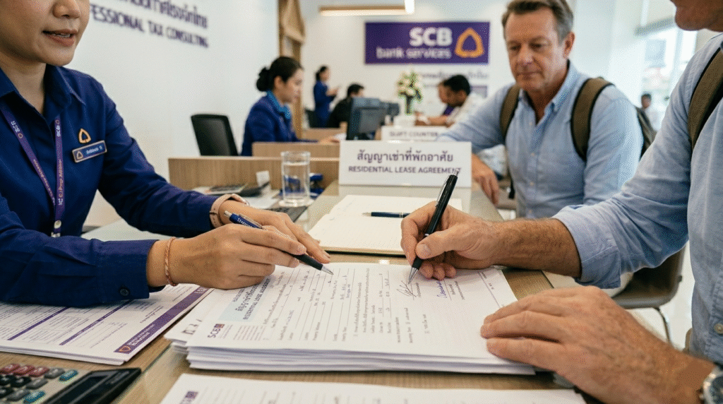 Signature d’un contrat de location dans une agence immobilière thaïlandaise