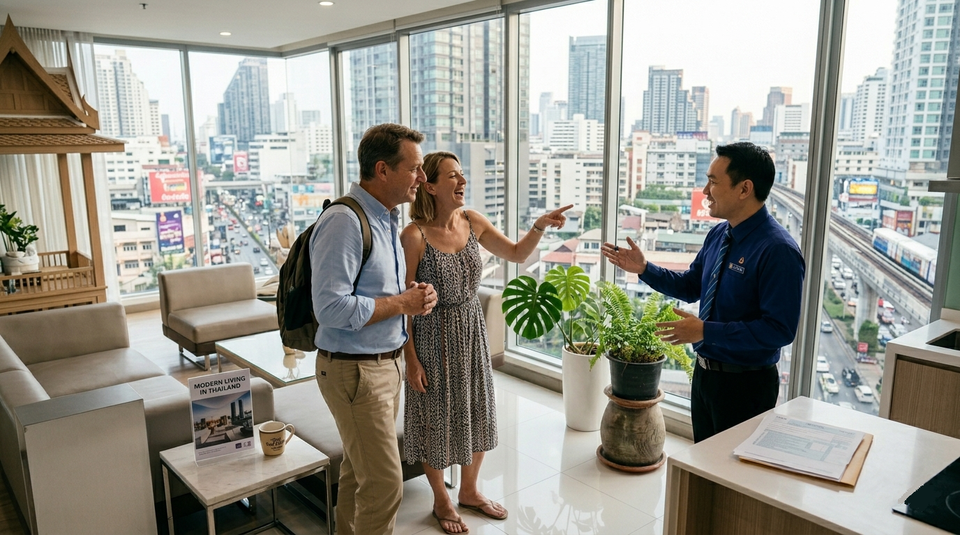 Agent immobilier thaïlandais montrant un appartement moderne en Thaïlande à un couple étranger