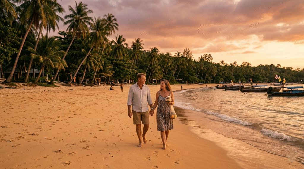 Couple de retraités marchant sur une plage thaïlandaise au coucher du soleil,