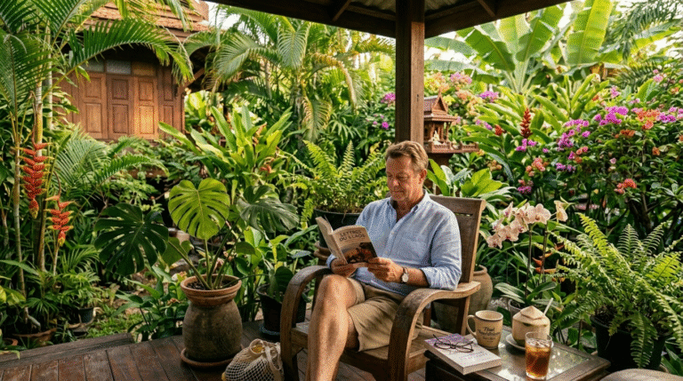 Retraité lisant un livre sur la terrasse d’une maison tropicale en Thaïlande