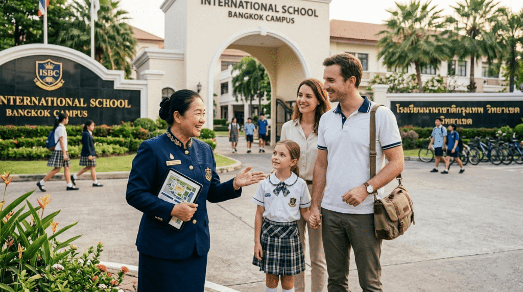 Devant une école internationale en Thaïlande, une famille française (parents et enfant) discutant avec un membre du personnel scolaire thaïlandais