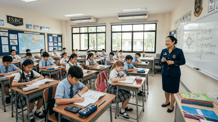 Un parent français assis dans un café proche d’une école en Thaïlande, consultant des brochures scolaires et son téléphone