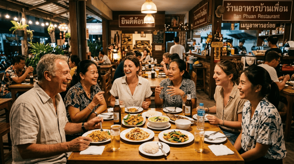 Un groupe de Français et de Thaïlandais partageant un repas dans un restaurant thaïlandais convivial, rires et discussions