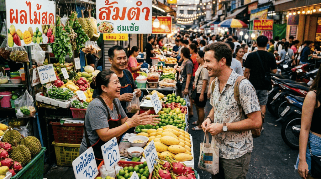 Un marché thaïlandais animé où un expatrié français échange avec des vendeurs locaux, sourire et interaction authentique