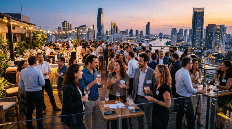 Un événement de networking dans un bar rooftop à Bangkok, expatriés français discutant en petits groupes avec vue sur la skyline