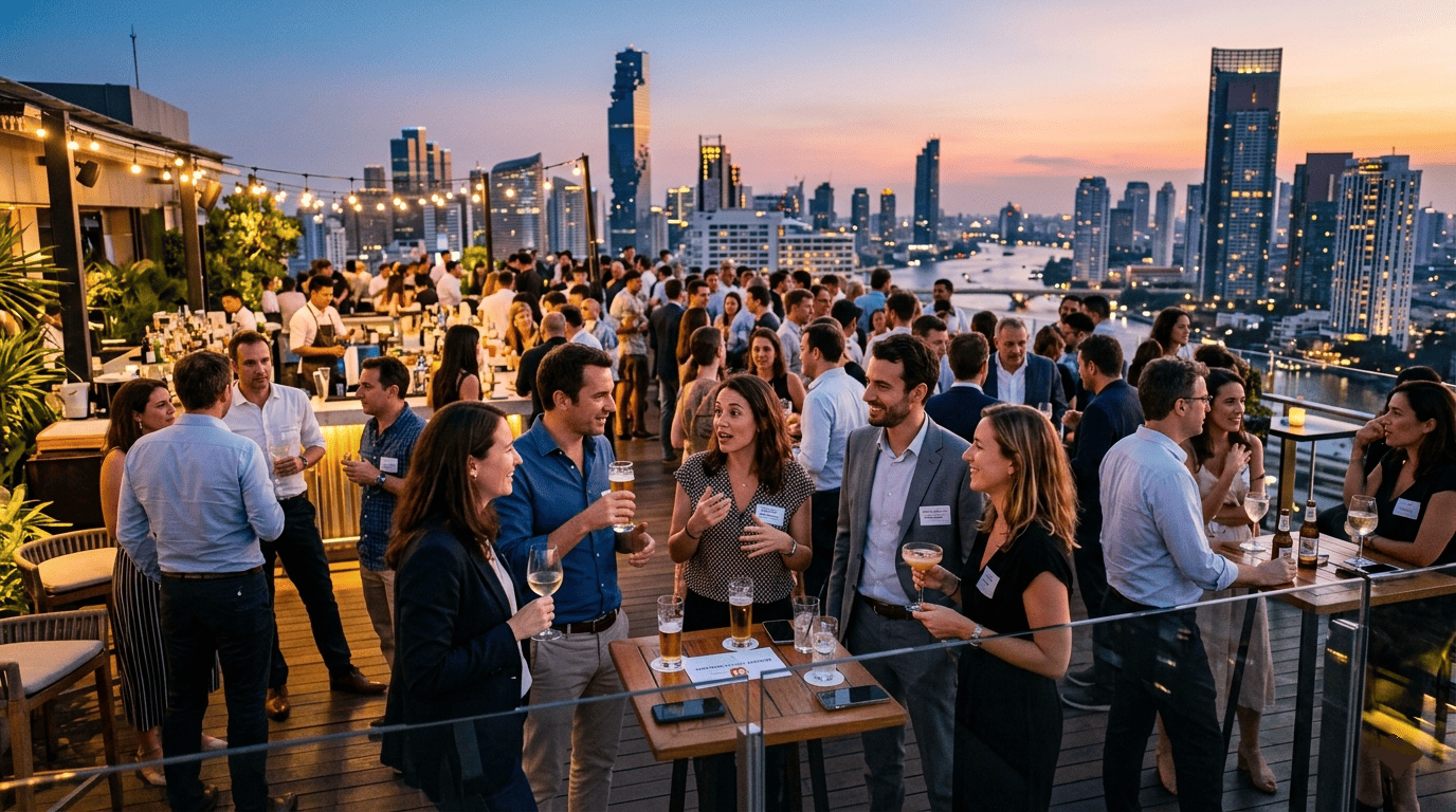 Un événement de networking dans un bar rooftop à Bangkok, expatriés français discutant en petits groupes avec vue sur la skyline