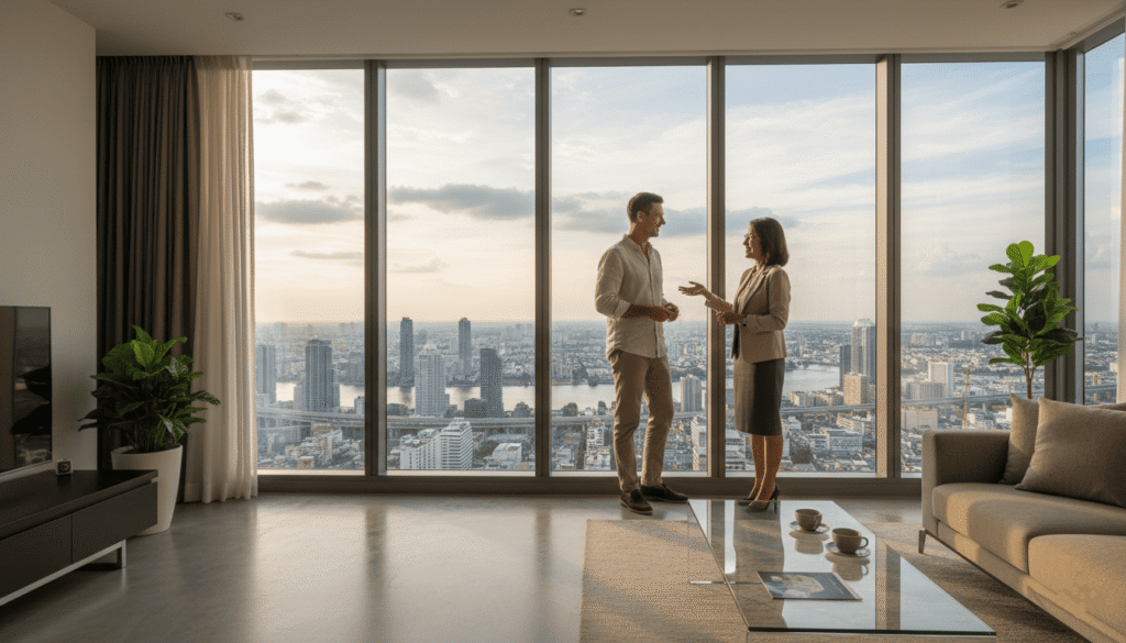 Un expatrié français visitant un appartement moderne à Bangkok avec un agent immobilier thaïlandais
