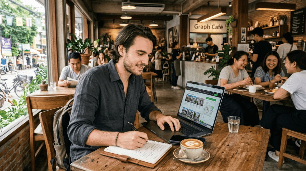 Un jeune expatrié français dans un café thaïlandais à Chiang Mai, ordinateur portable ouvert sur des sites de location immobilière,