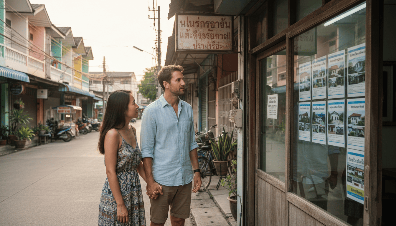 Un couple mixte (français et thaïlandais) marchant dans une rue résidentielle thaïlandaise bordée de maisons et petits immeubles, regardant des annonces immobilières affichées sur une vitrine