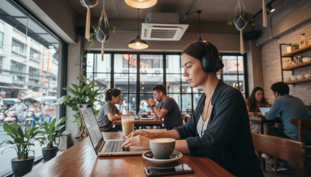 Digital nomad travaillant dans un café thaïlandais branché à Bangkok