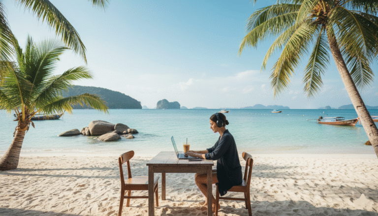 Travail sur ordinateur face à une plage thaïlandaise, mer turquoise, cadre paradisiaque