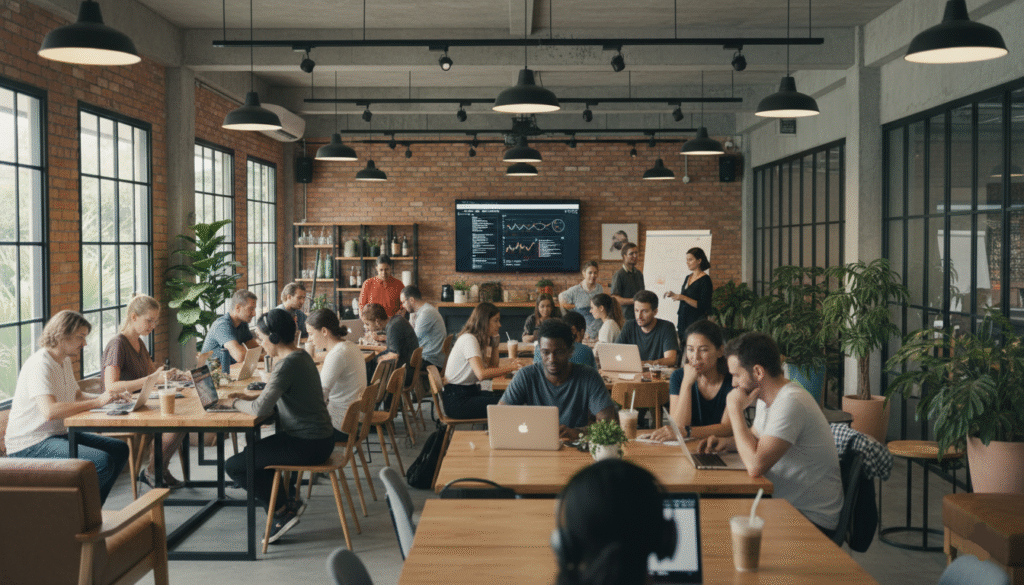 Espace de coworking en Thaïlande avec plusieurs nomades digitaux internationaux,