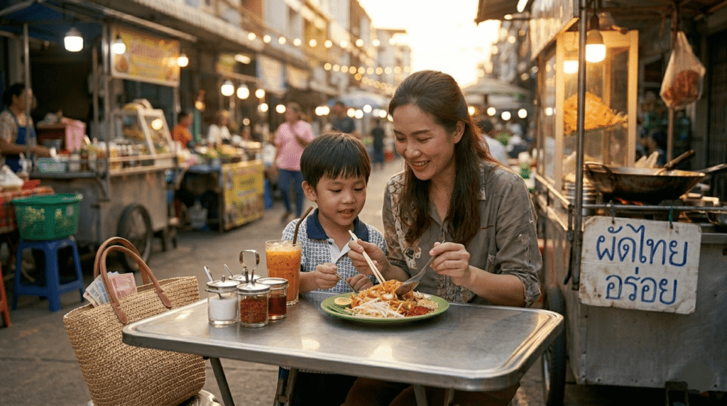 Restaurant de rue thaïlandais, clients assis devant un plat local