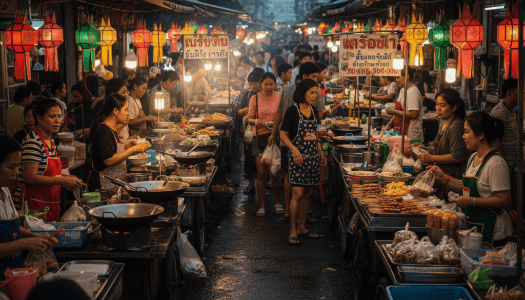 Marché thaïlandais animé avec étals de street food, enseignes en thaï, foule locale dense, échanges entre vendeurs et clients