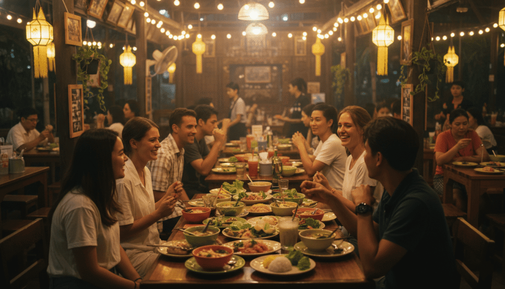 Restaurant thaïlandais local en soirée, tables remplies de plats traditionnels, groupes de clients thaïlandais et étrangers discutant