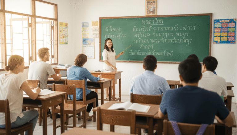 Salle de classe dans une école de langue thaïlandaise, tableau avec alphabet thaï, étudiants internationaux assis