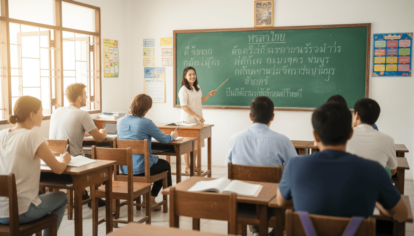Salle de classe dans une école de langue thaïlandaise, tableau avec alphabet thaï, étudiants internationaux assis