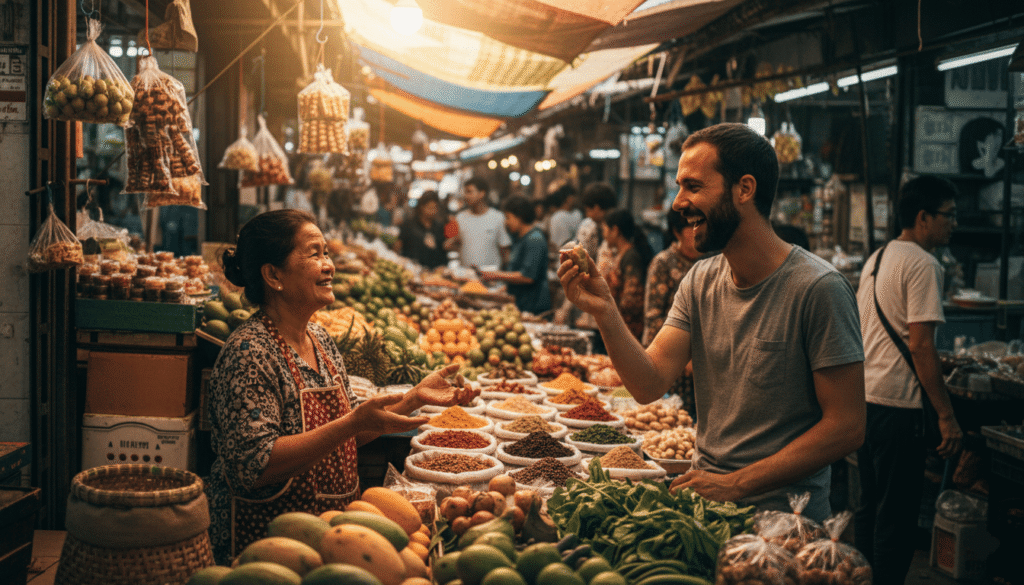 Un expatrié français qui discute avec une marchande dans la rue