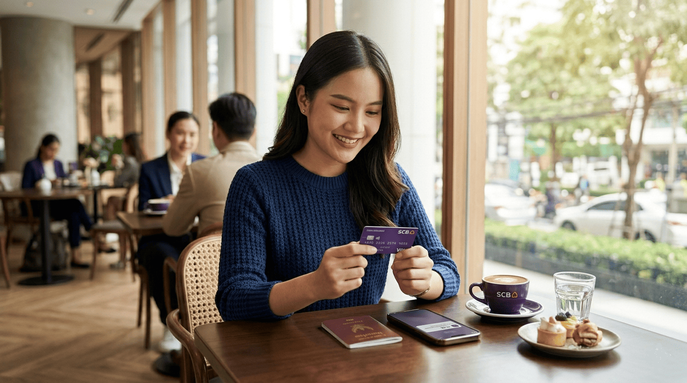 femme expatriée regardant une carte bancaire nouvellement reçue,