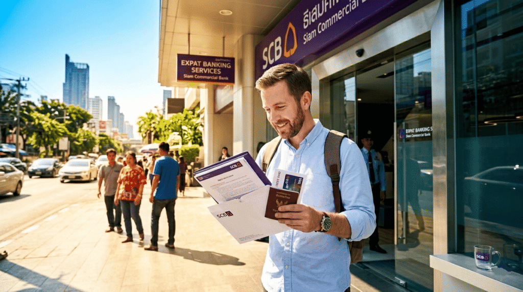 Extérieur d’une banque en Thaïlande, homme sortant avec une enveloppe contenant des documents