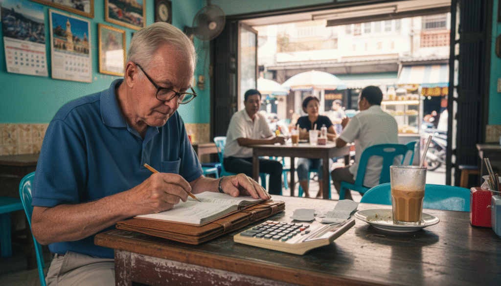 Retraité faisant ses comptes dans un café thaïlandais simple,