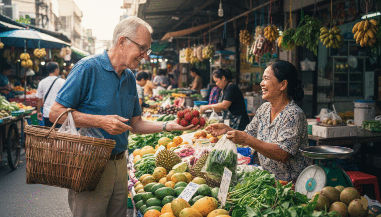 Marché thaïlandais local, retraité achetant fruits et légumes à petit prix auprès d’un vendeur thaïlandais