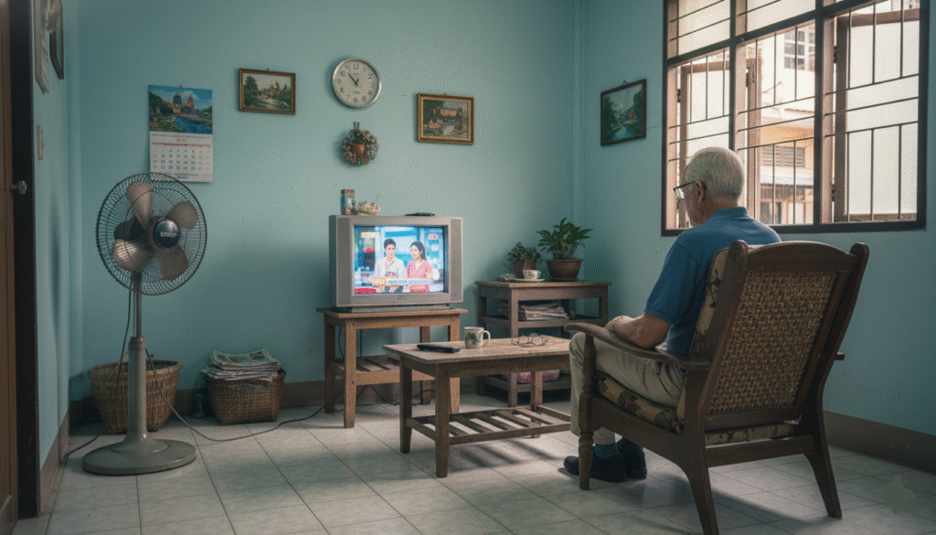Appartement thaïlandais modeste, retraité regardant la télévision,