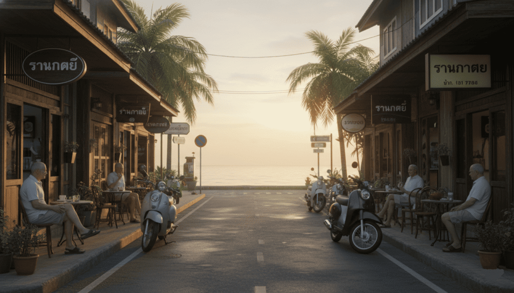 Vue paisible d’une rue côtière à Hua Hin au lever du soleil, petits cafés avec enseignes en thaï, retraités occidentaux discutant tranquillement autour d’un café, scooters garés