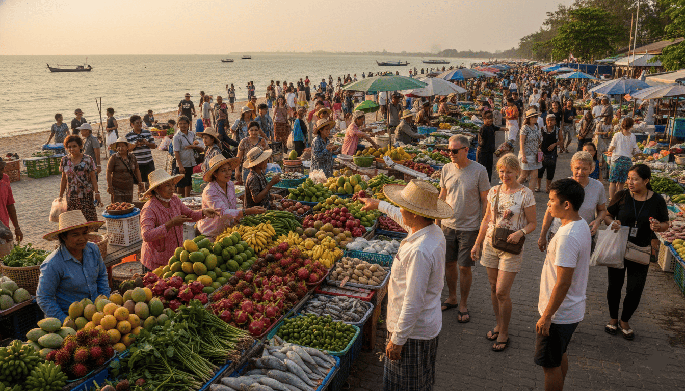 Marché local en bord de mer à Hua Hin, étals colorés de fruits tropicaux, habitants et expatriés se mêlant