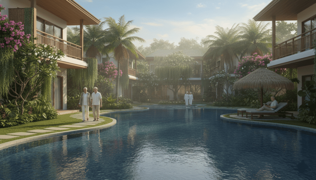 Résidence calme avec jardin tropical et piscine, retraités marchant tranquillement