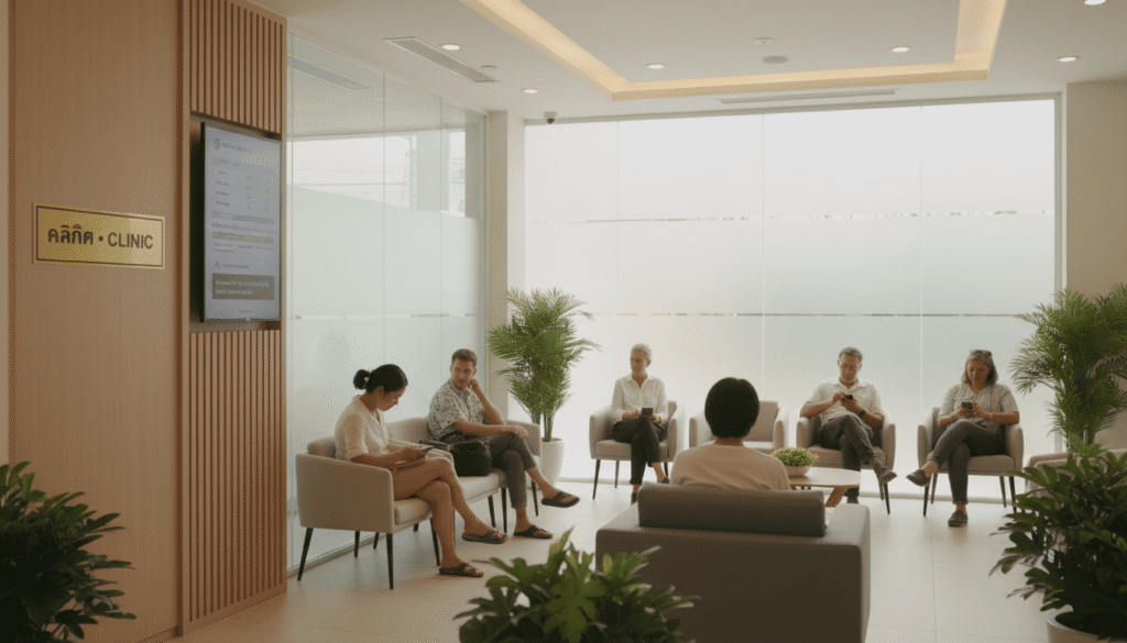 Salle d’attente dans une clinique internationale, expatriés assis