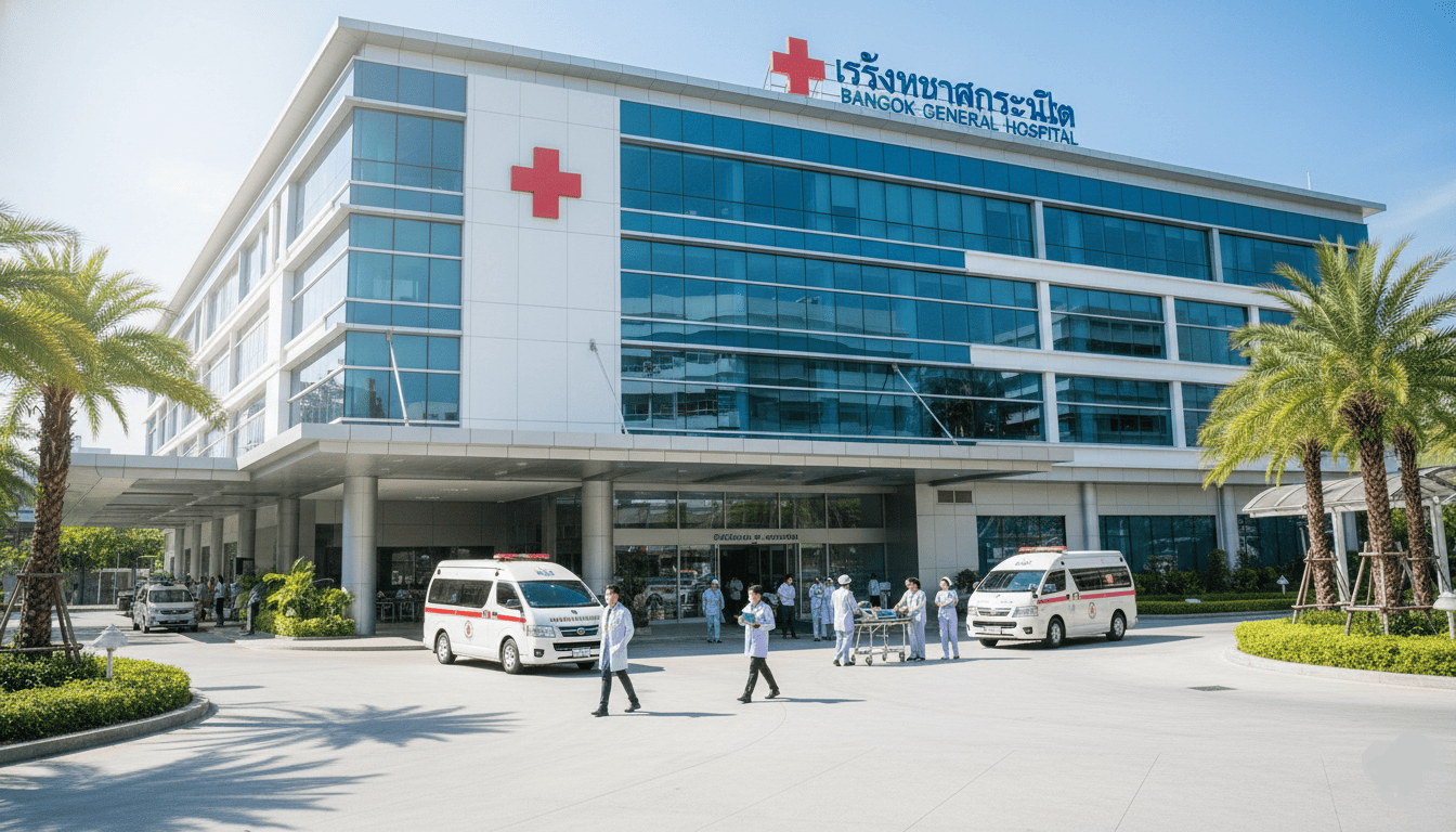 Hôpital moderne en Thaïlande, façade propre, ambulances, personnel médical en mouvement
