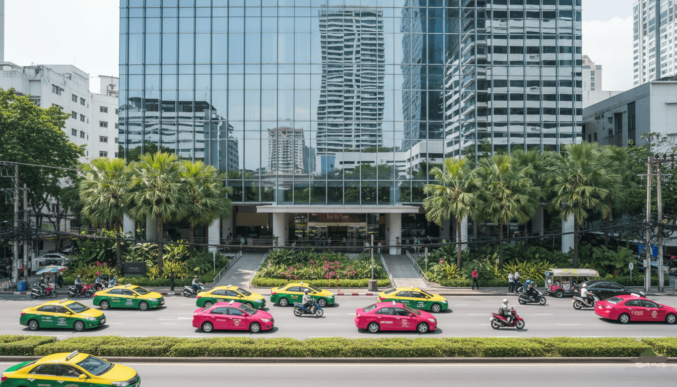 Extérieur d’un hôpital thaïlandais moderne dans une grande ville, façade vitrée