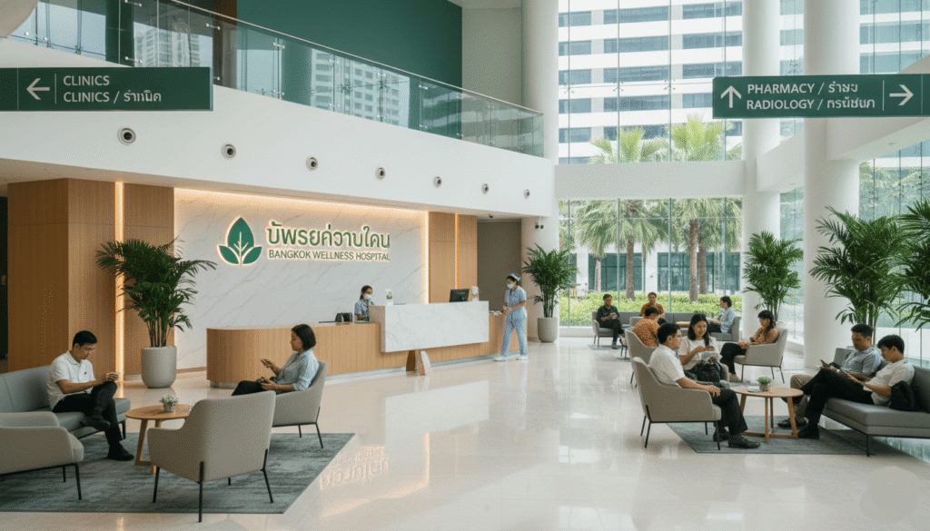 Vue intérieure d’un grand hôpital privé thaïlandais moderne à Bangkok, hall spacieux avec réception, patients thaïlandais et internationaux
