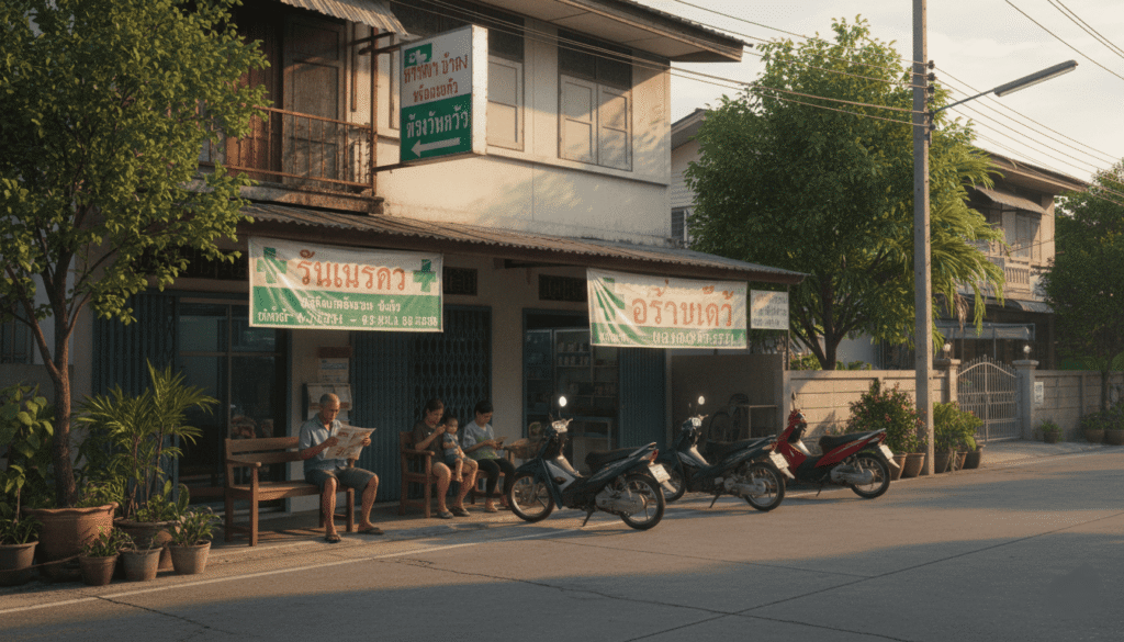 Petite clinique locale thaïlandaise dans un quartier résidentiel, bâtiment simple avec enseignes en thaï,