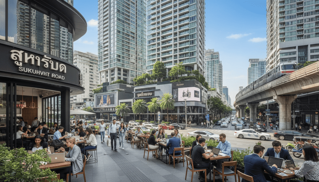 Quartier moderne de Bangkok avec condos luxueux, cafés branchés, expatriés travaillant sur laptops,