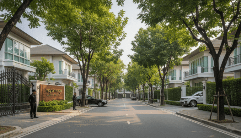 Rue résidentielle calme avec villas et petits immeubles, arbres tropicaux